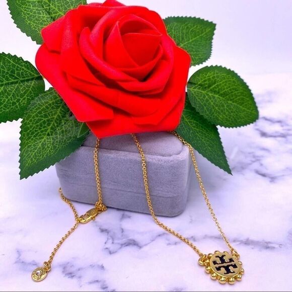 New Tory Burch Black Logo, Gold Adjustable Necklace - Picture 3 of 7